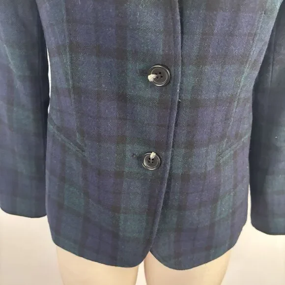Talbots Factory Womans 8 Black Watch Tartan Navy Blue Plaid Wool Blend Blazer - Picture 2 of 7